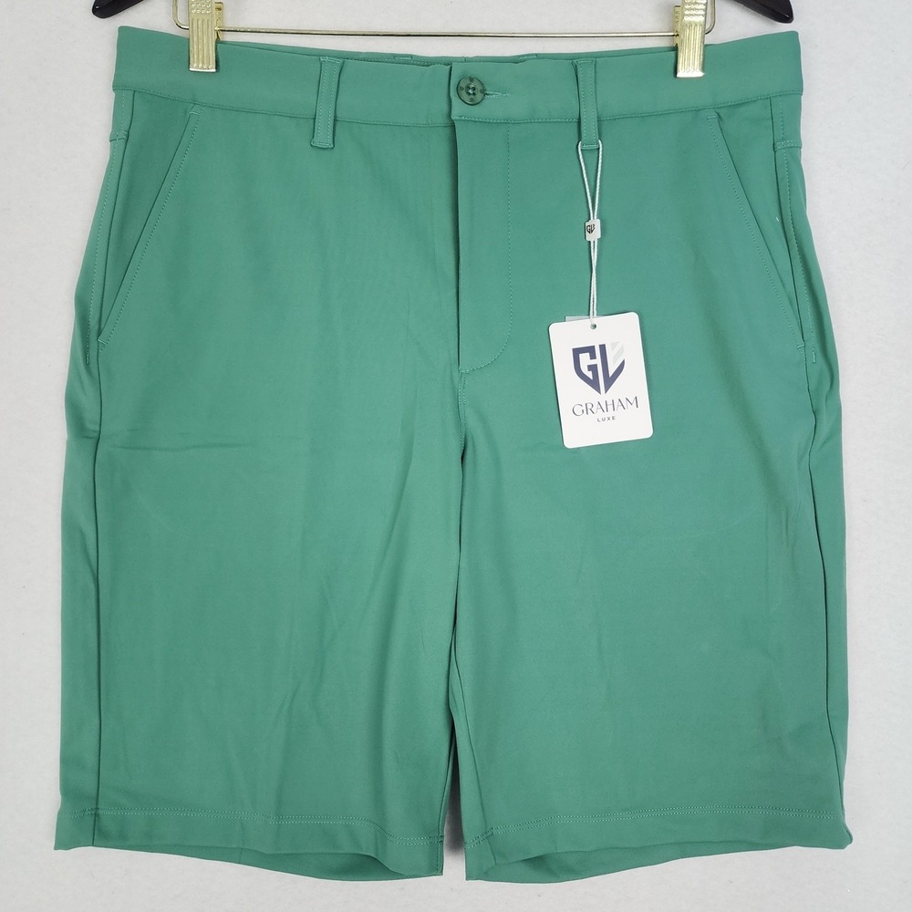 Graham Luxe Chino Shorts Mens 34 Bottle Green Nylon Stretch Slash Pockets Golf